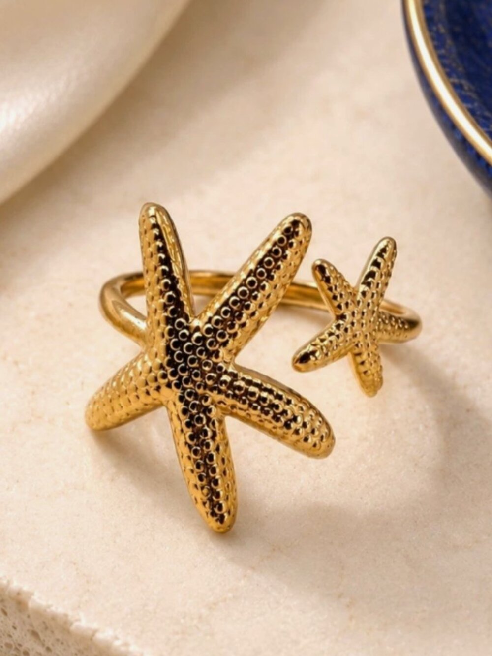 18K Gold Plated Stainless Steel Starfish Open Ring Coastal Beach Luxe NWT